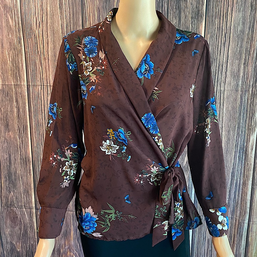 Zara size large brown and blue floral wrap flowy summer boho blouse top